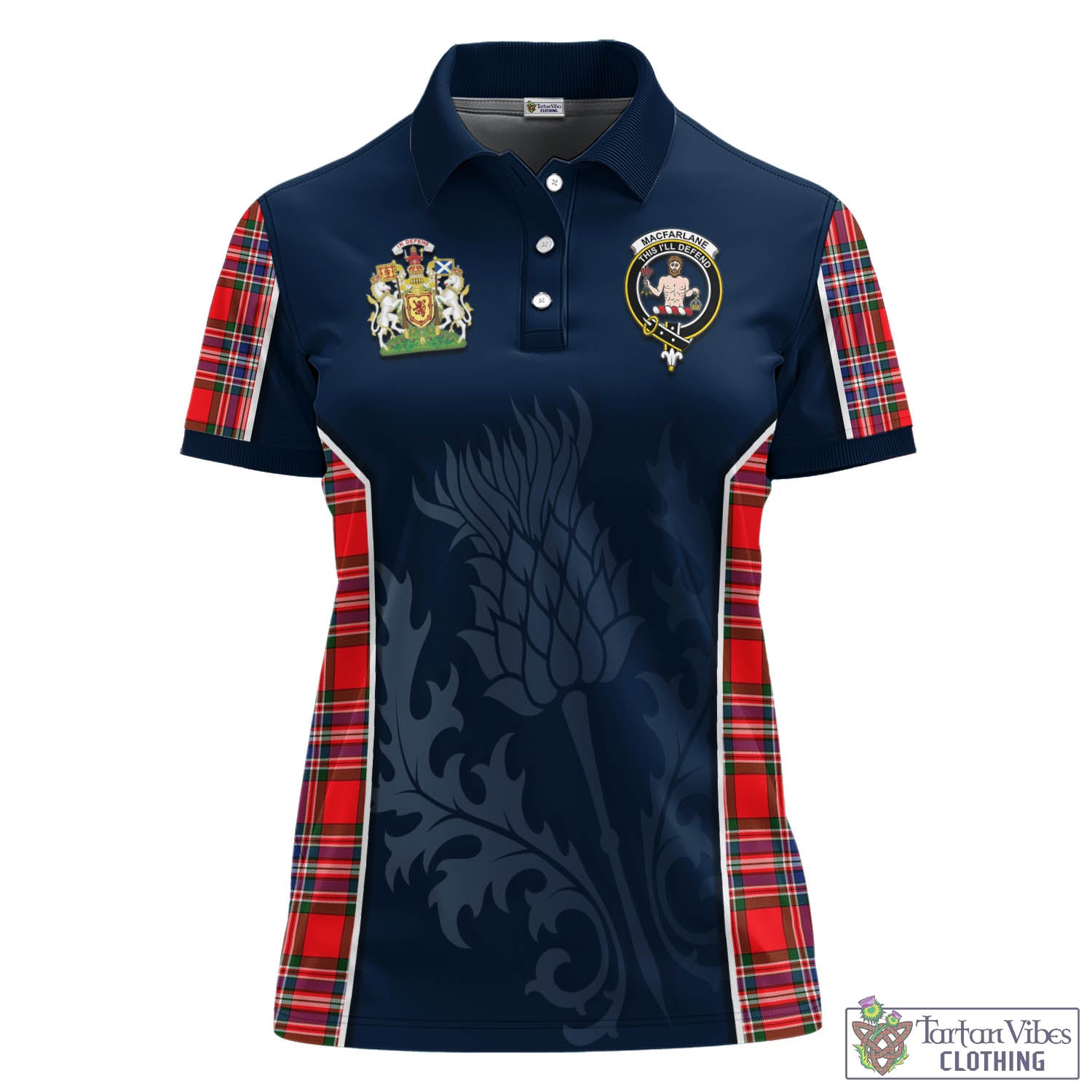 Tartan Vibes Clothing MacFarlane Modern Tartan Women's Polo Shirt with Family Crest and Scottish Thistle Vibes Sport Style