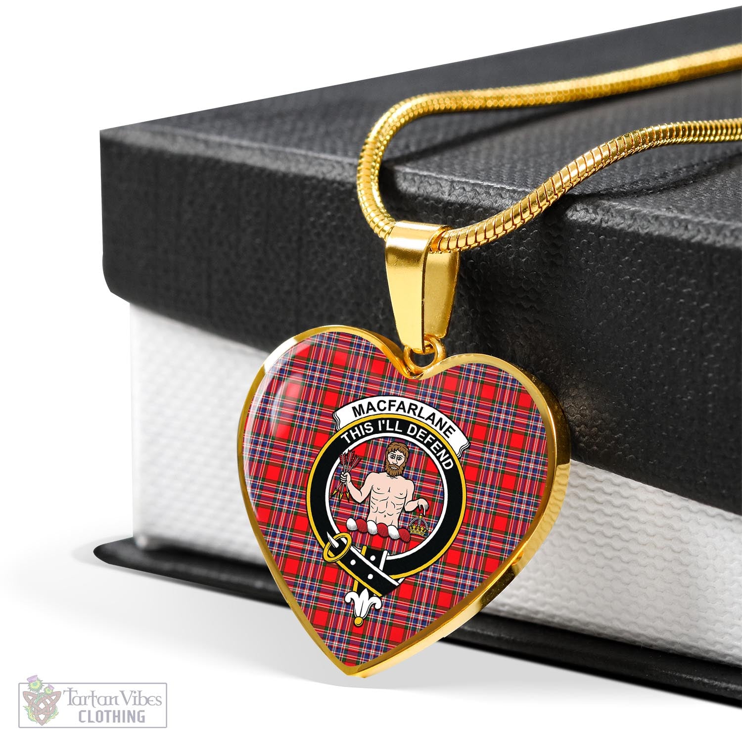 Tartan Vibes Clothing MacFarlane Modern Tartan Heart Necklace with Family Crest