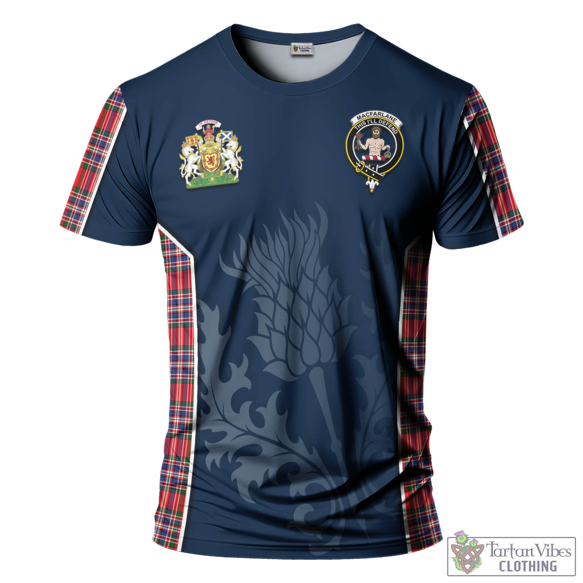 Tartan Vibes Clothing MacFarlane Modern Tartan T-Shirt with Family Crest and Scottish Thistle Vibes Sport Style