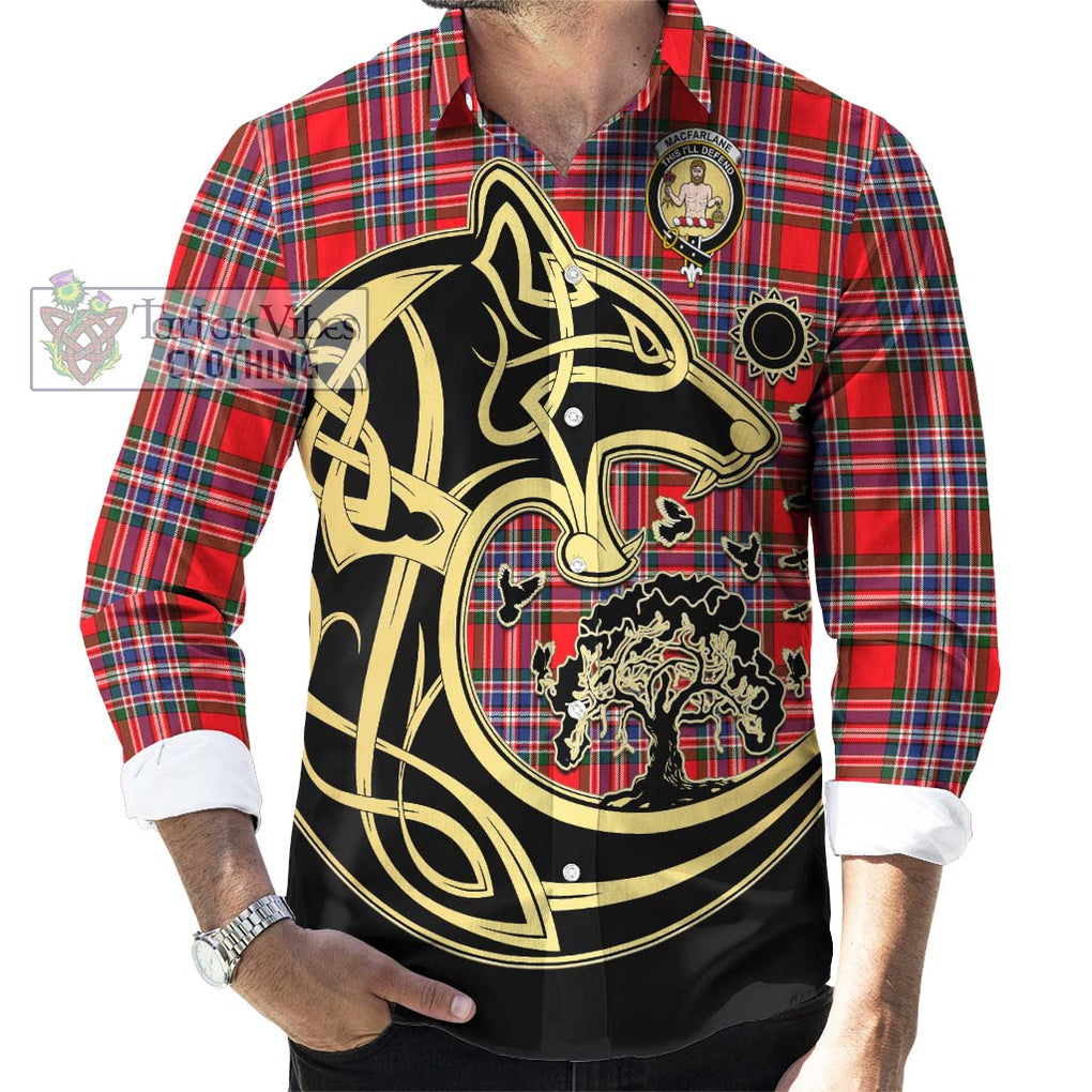 MacFarlane (McFarlane) Tartan Long Sleeve Button Shirt with Family Crest Celtic Wolf Style - Tartan Vibes Clothing