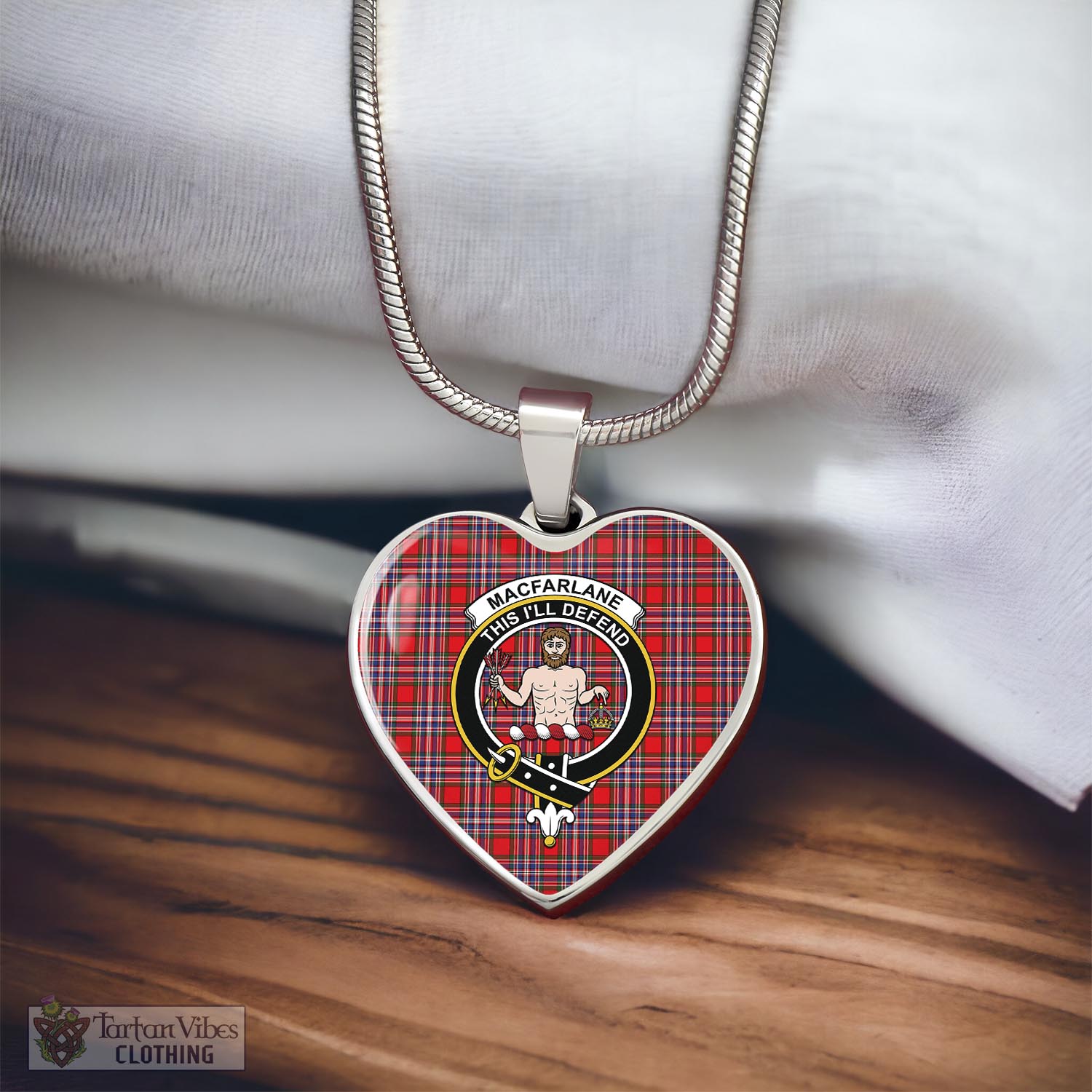 Tartan Vibes Clothing MacFarlane Modern Tartan Heart Necklace with Family Crest