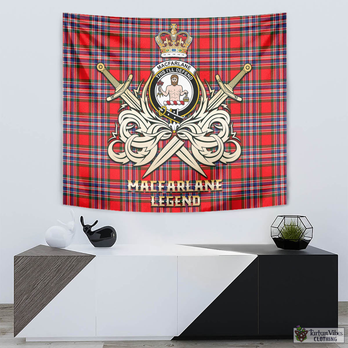 Tartan Vibes Clothing MacFarlane Modern Tartan Tapestry with Clan Crest and the Golden Sword of Courageous Legacy