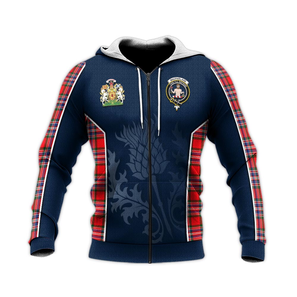 Tartan Vibes Clothing MacFarlane Modern Tartan Knitted Hoodie with Family Crest and Scottish Thistle Vibes Sport Style