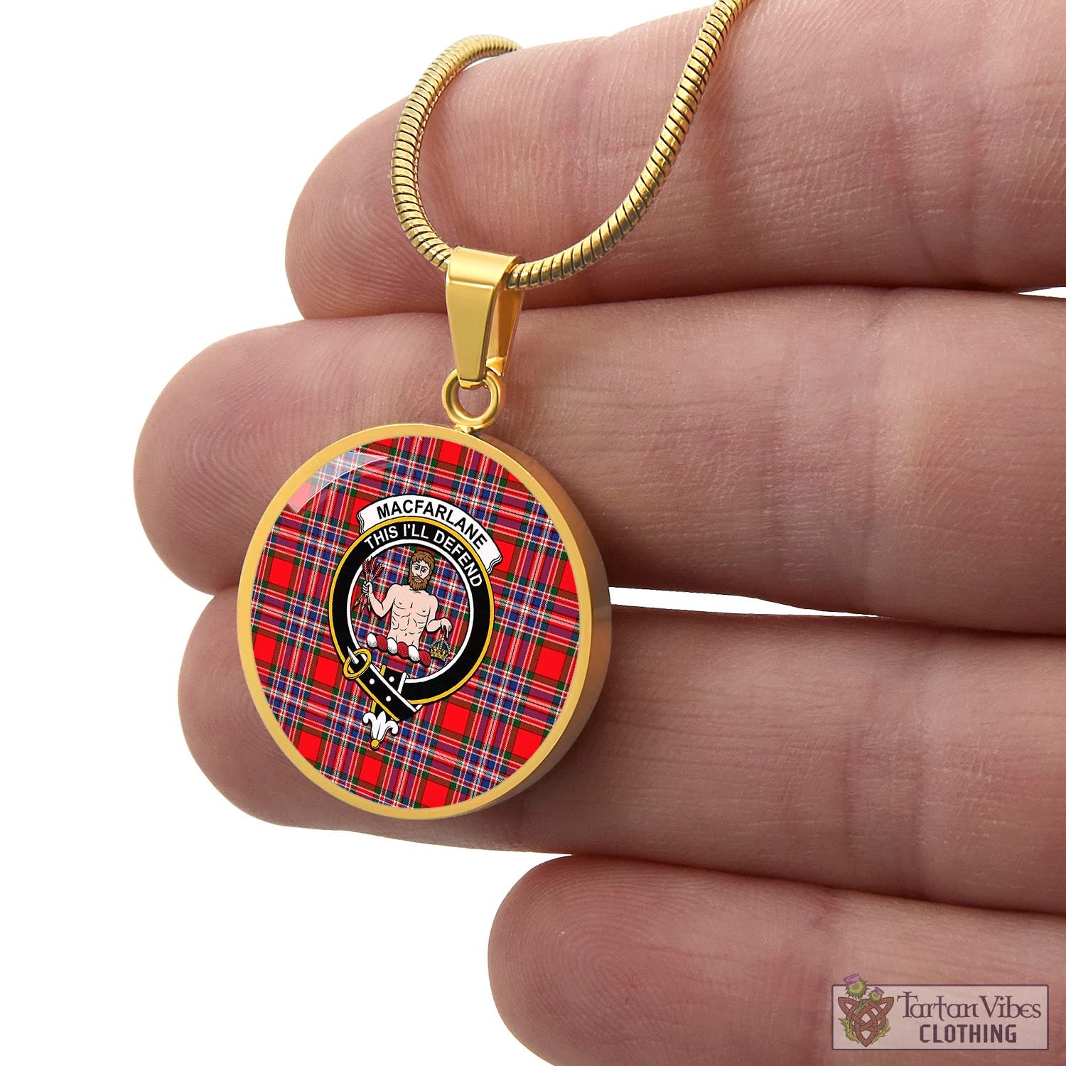 Tartan Vibes Clothing MacFarlane Modern Tartan Circle Necklace with Family Crest