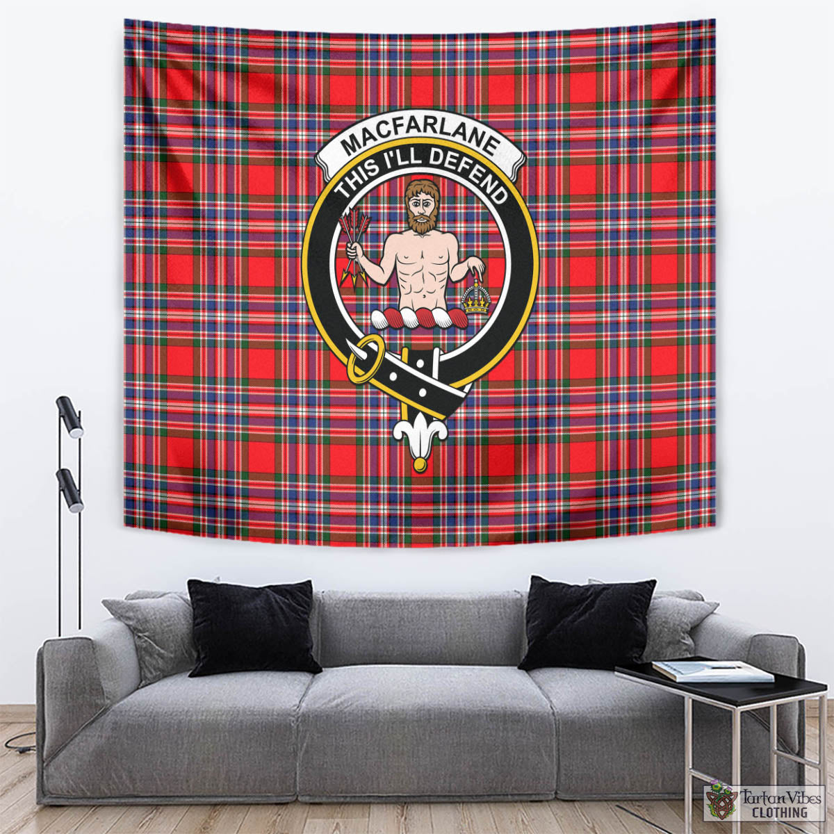 Tartan Vibes Clothing MacFarlane Modern Tartan Tapestry Wall Hanging and Home Decor for Room with Family Crest