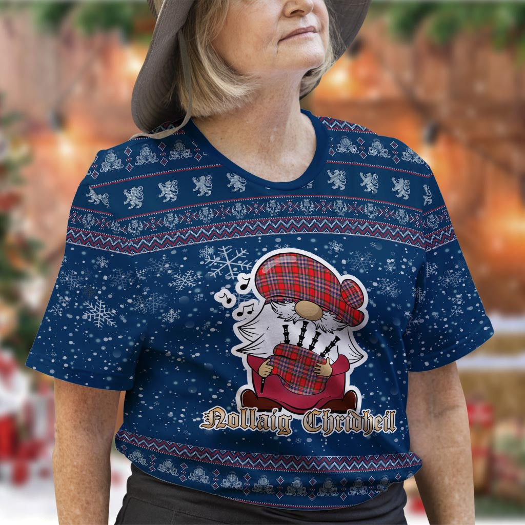 MacFarlane Modern Clan Christmas Family T-Shirt with Funny Gnome Playing Bagpipes Women's Shirt Blue - Tartanvibesclothing