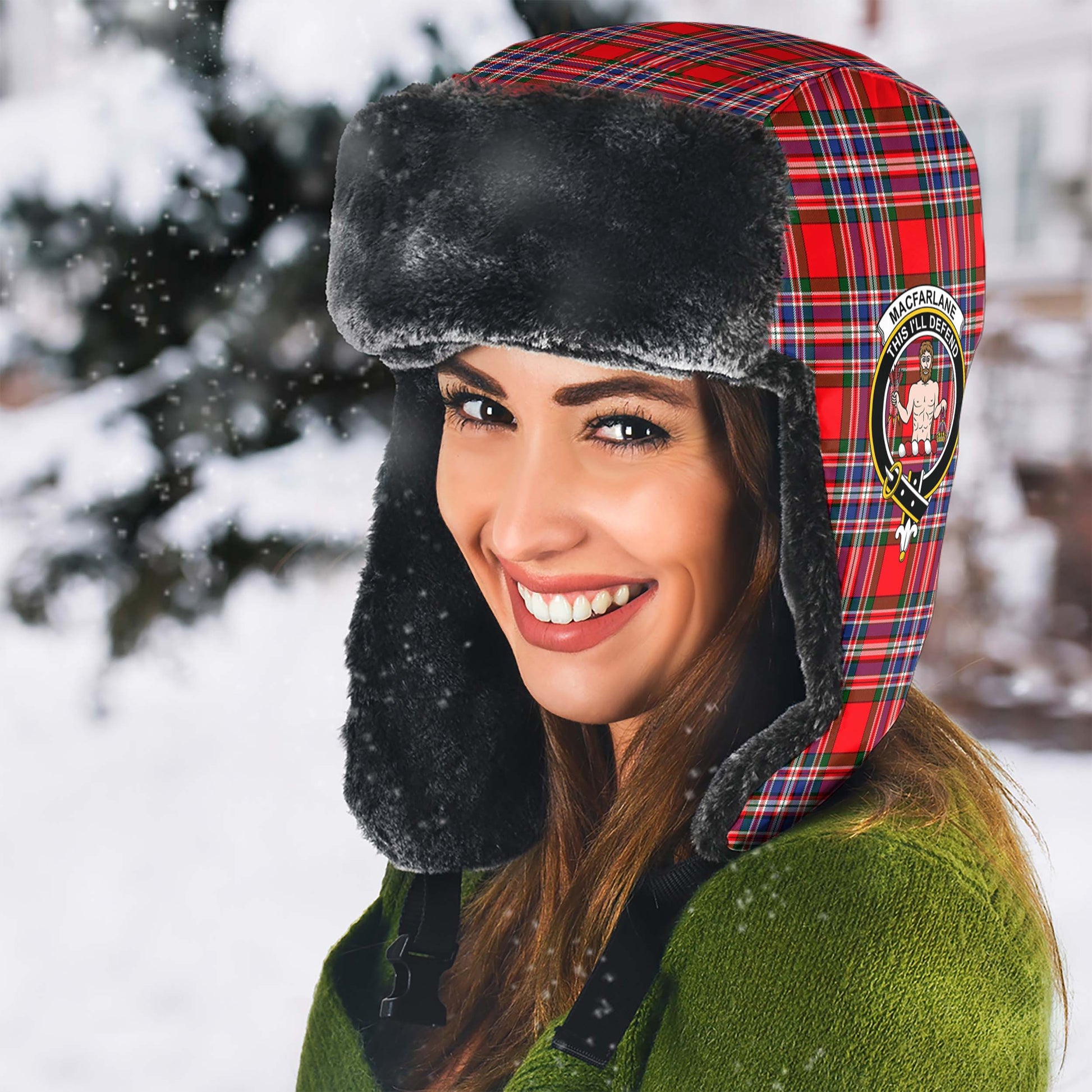 MacFarlane Modern Tartan Winter Trapper Hat with Family Crest - Tartanvibesclothing