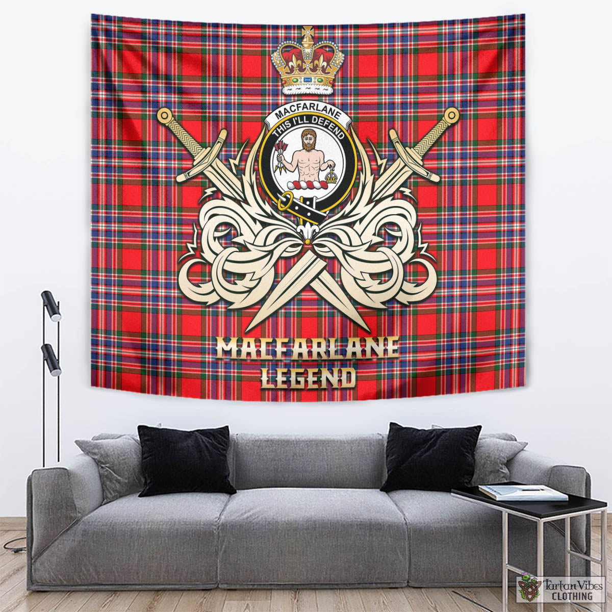 Tartan Vibes Clothing MacFarlane Modern Tartan Tapestry with Clan Crest and the Golden Sword of Courageous Legacy