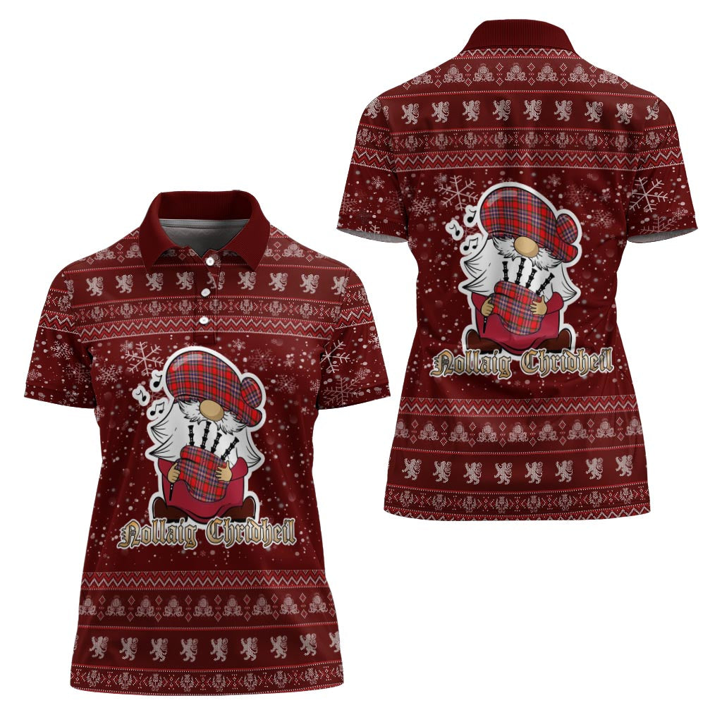 MacFarlane Modern Clan Christmas Family Polo Shirt with Funny Gnome Playing Bagpipes Women's Polo Shirt Red - Tartanvibesclothing
