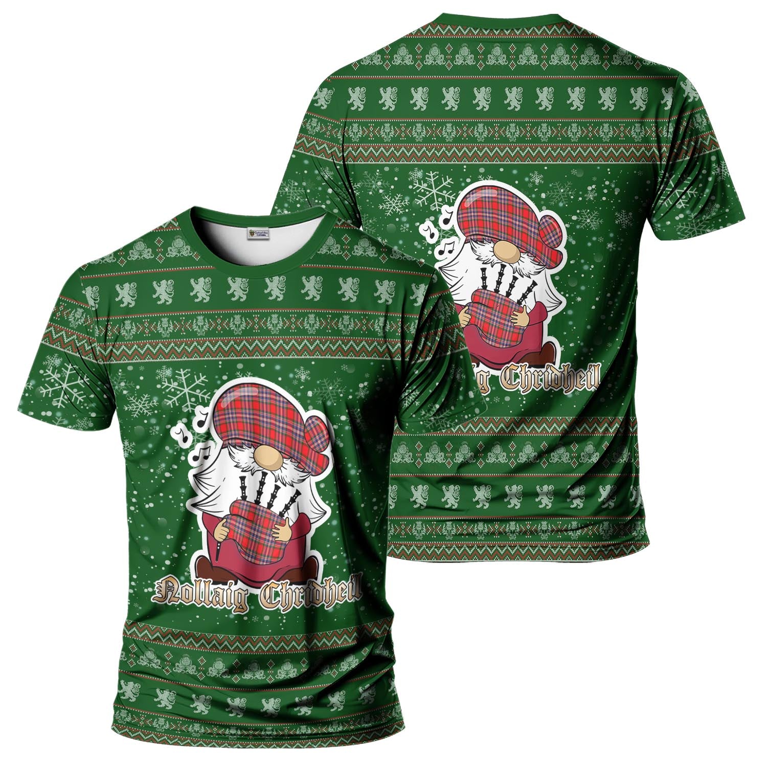 MacFarlane Modern Clan Christmas Family T-Shirt with Funny Gnome Playing Bagpipes Men's Shirt Green - Tartanvibesclothing