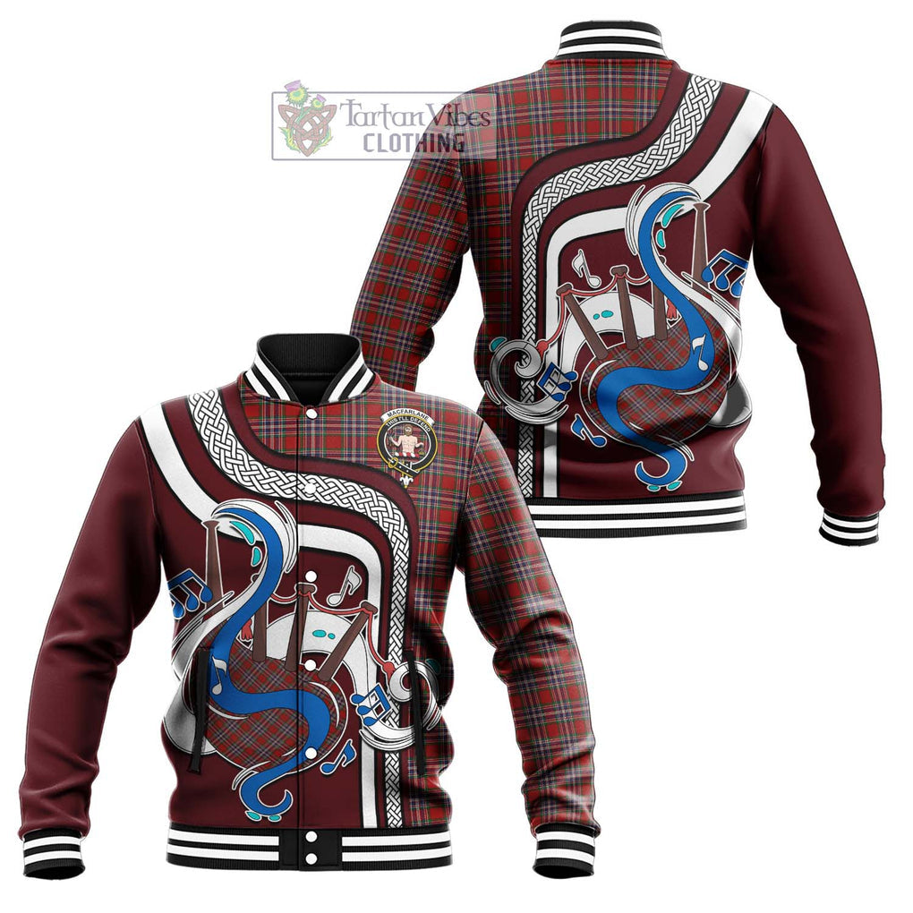 Tartan Vibes Clothing MacFarlane Red Tartan Baseball Jacket with Epic Bagpipe Style