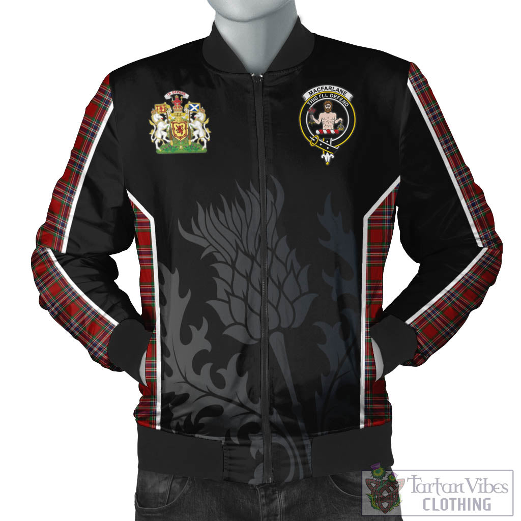 Tartan Vibes Clothing MacFarlane Red Tartan Bomber Jacket with Family Crest and Scottish Thistle Vibes Sport Style