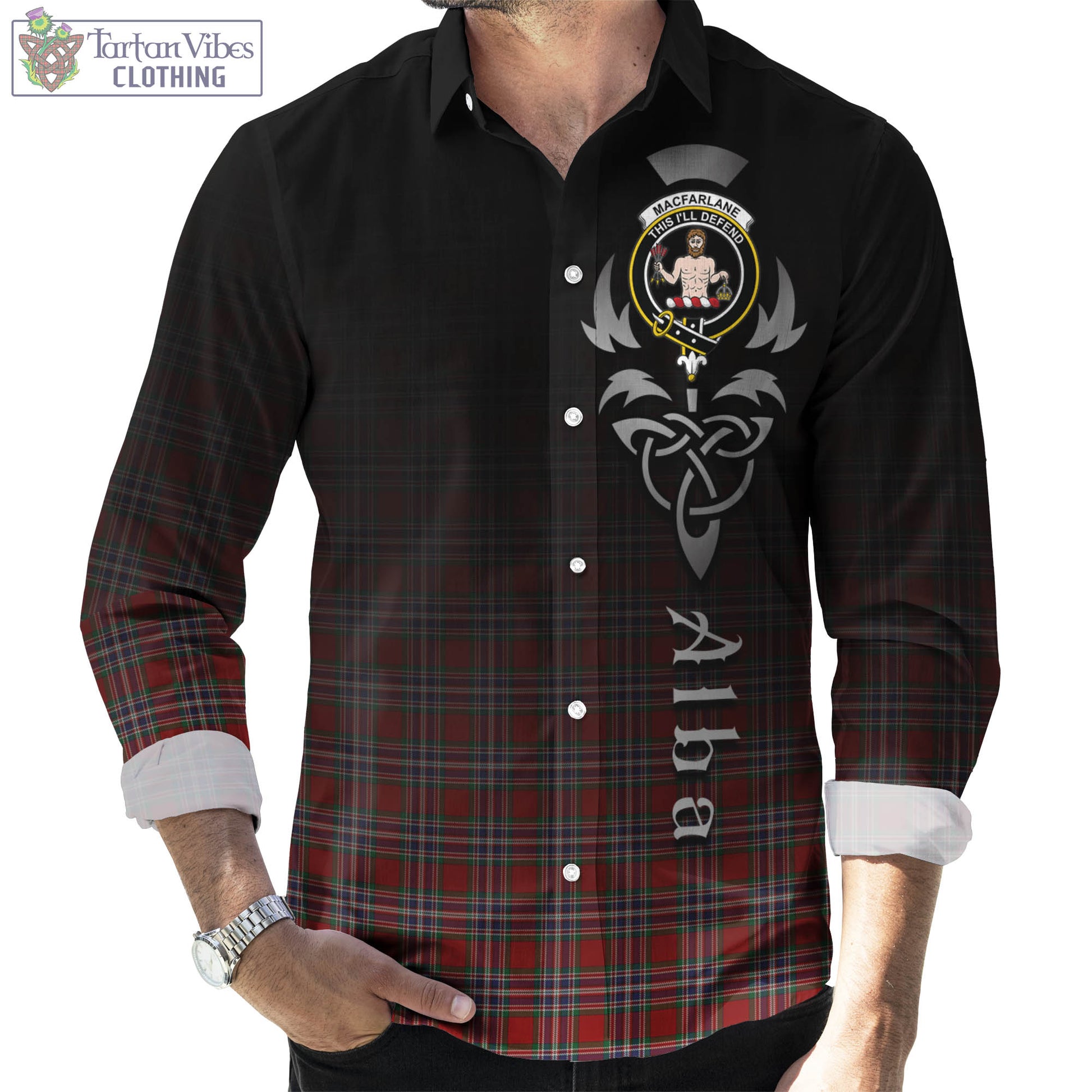 Tartan Vibes Clothing MacFarlane Red Tartan Long Sleeve Button Up Featuring Alba Gu Brath Family Crest Celtic Inspired