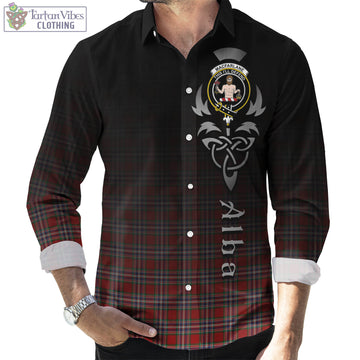 MacFarlane Red Tartan Long Sleeve Button Up Featuring Alba Gu Brath Family Crest Celtic Inspired