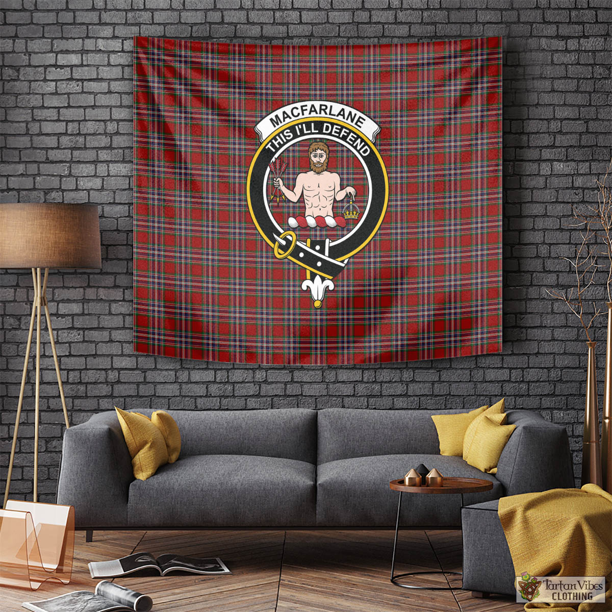 Tartan Vibes Clothing MacFarlane Red Tartan Tapestry Wall Hanging and Home Decor for Room with Family Crest