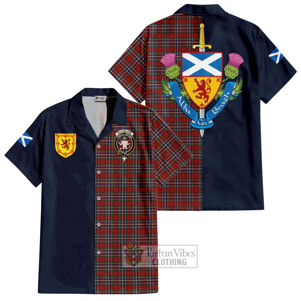 Tartan Vibes Clothing MacFarlane Red Tartan Short Sleeve Button Shirt with Scottish Lion Royal Arm Half Style