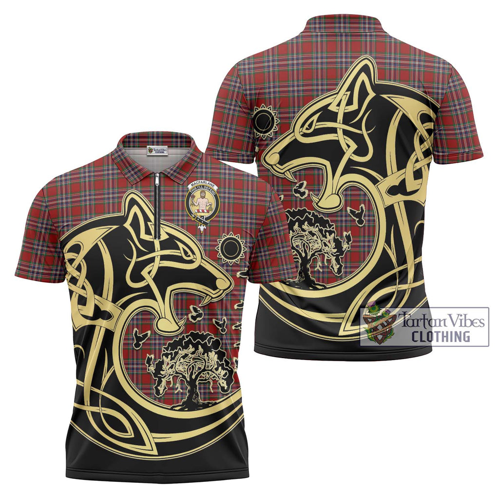 MacFarlane Red Tartan Zipper Polo Shirt with Family Crest Celtic Wolf Style Unisex - Tartanvibesclothing Shop