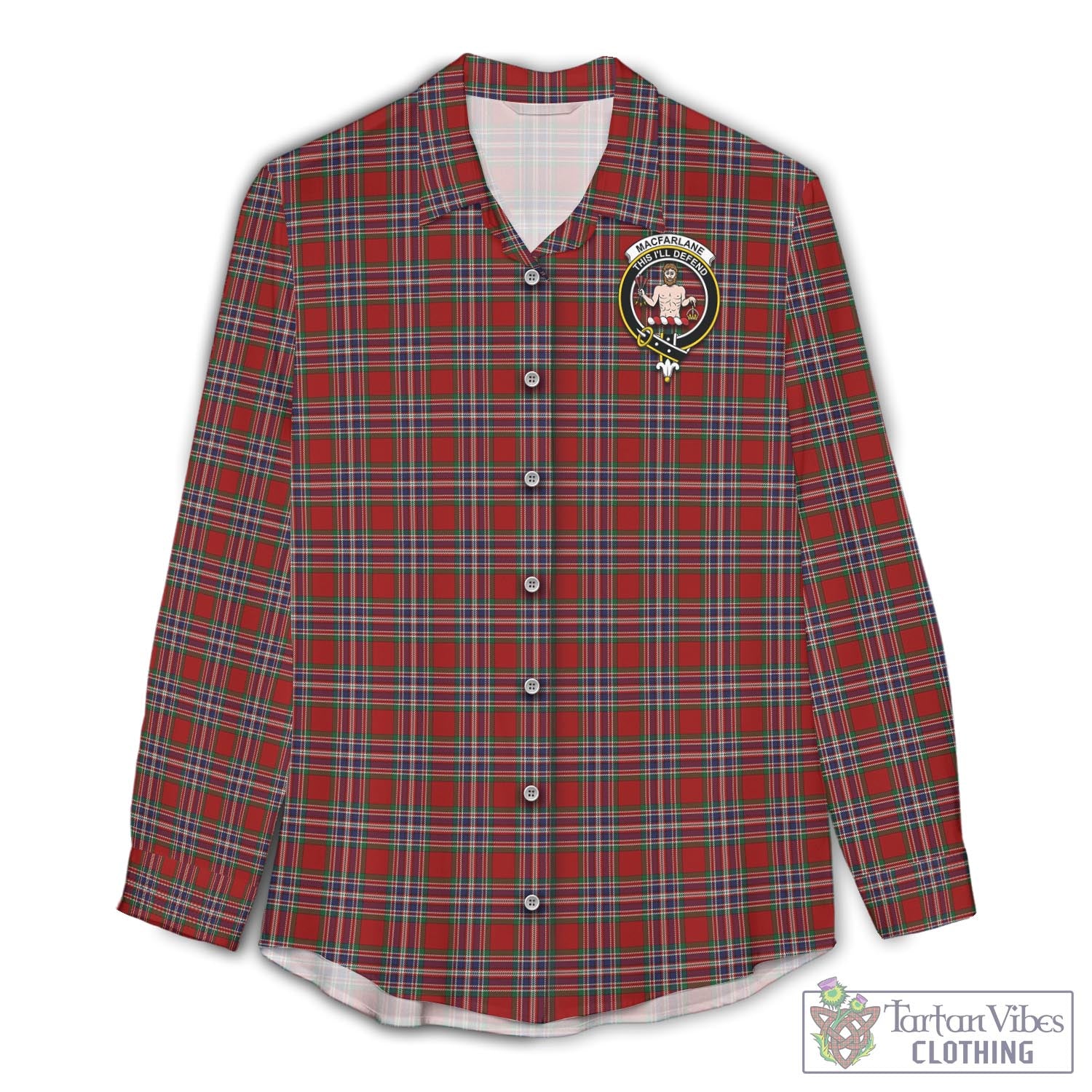 Tartan Vibes Clothing MacFarlane Red Tartan Womens Casual Shirt with Family Crest