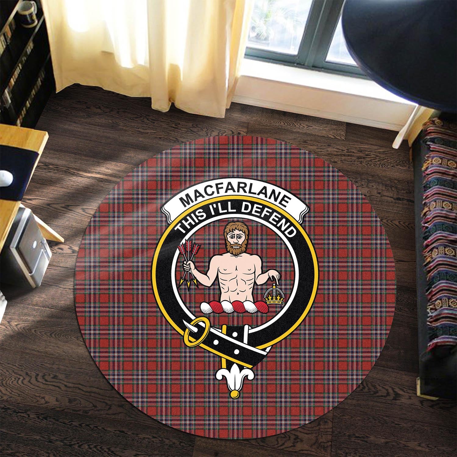 macfarlane-red-tartan-round-rug-with-family-crest