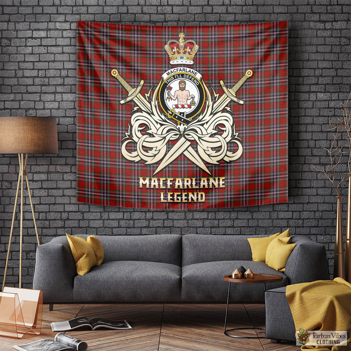 Tartan Vibes Clothing MacFarlane Red Tartan Tapestry with Clan Crest and the Golden Sword of Courageous Legacy