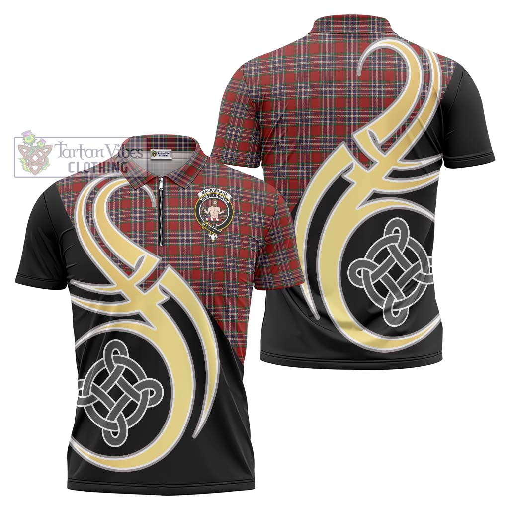 Tartan Vibes Clothing MacFarlane Red Tartan Zipper Polo Shirt with Family Crest and Celtic Symbol Style