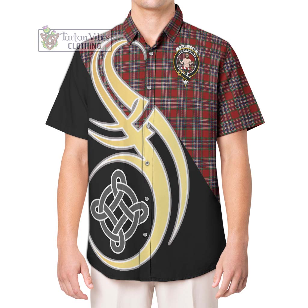 MacFarlane Red Tartan Short Sleeve Button Shirt with Family Crest and Celtic Symbol Style Kid - Tartan Vibes Clothing