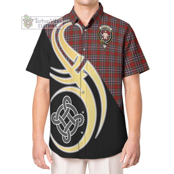 MacFarlane Red Tartan Short Sleeve Button Shirt with Family Crest and Celtic Symbol Style