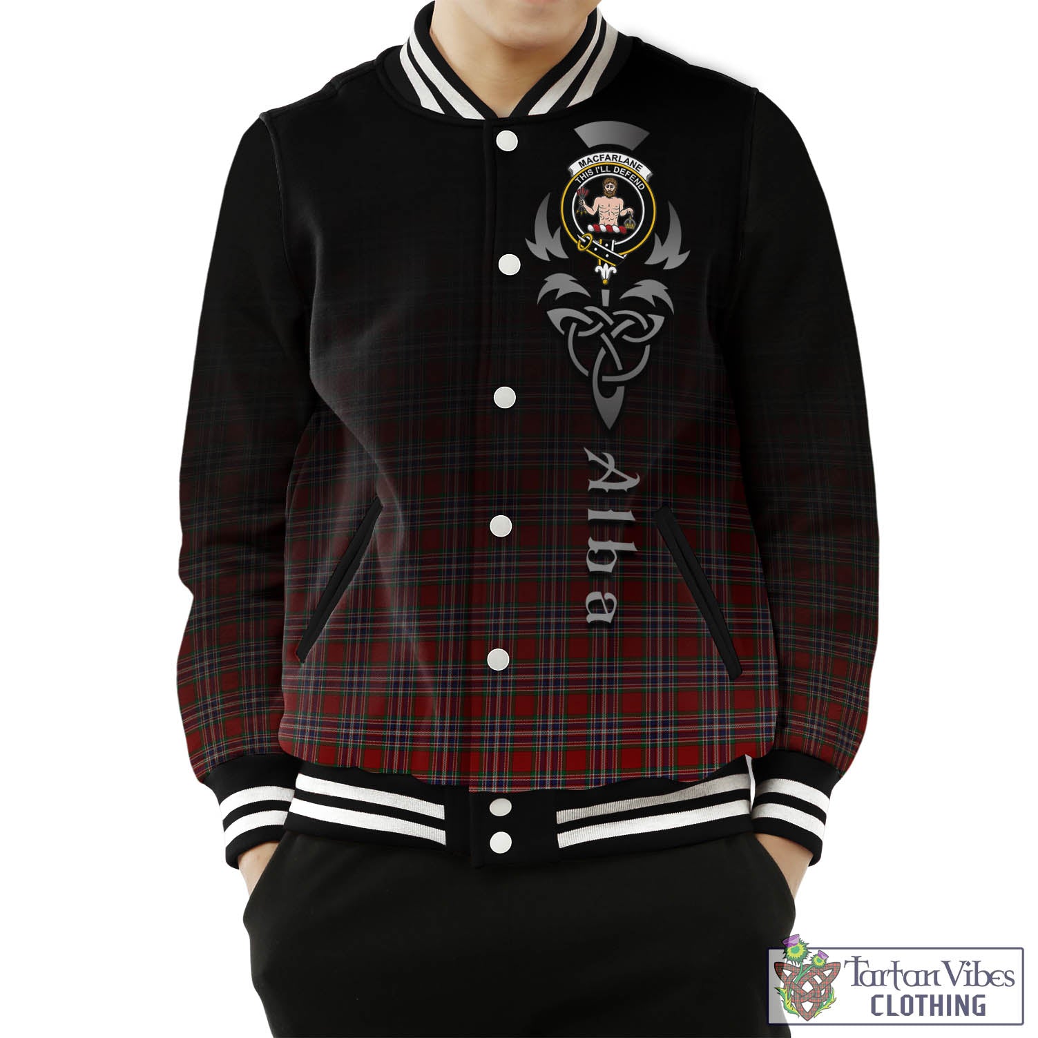 Tartan Vibes Clothing MacFarlane Red Tartan Baseball Jacket Featuring Alba Gu Brath Family Crest Celtic Inspired