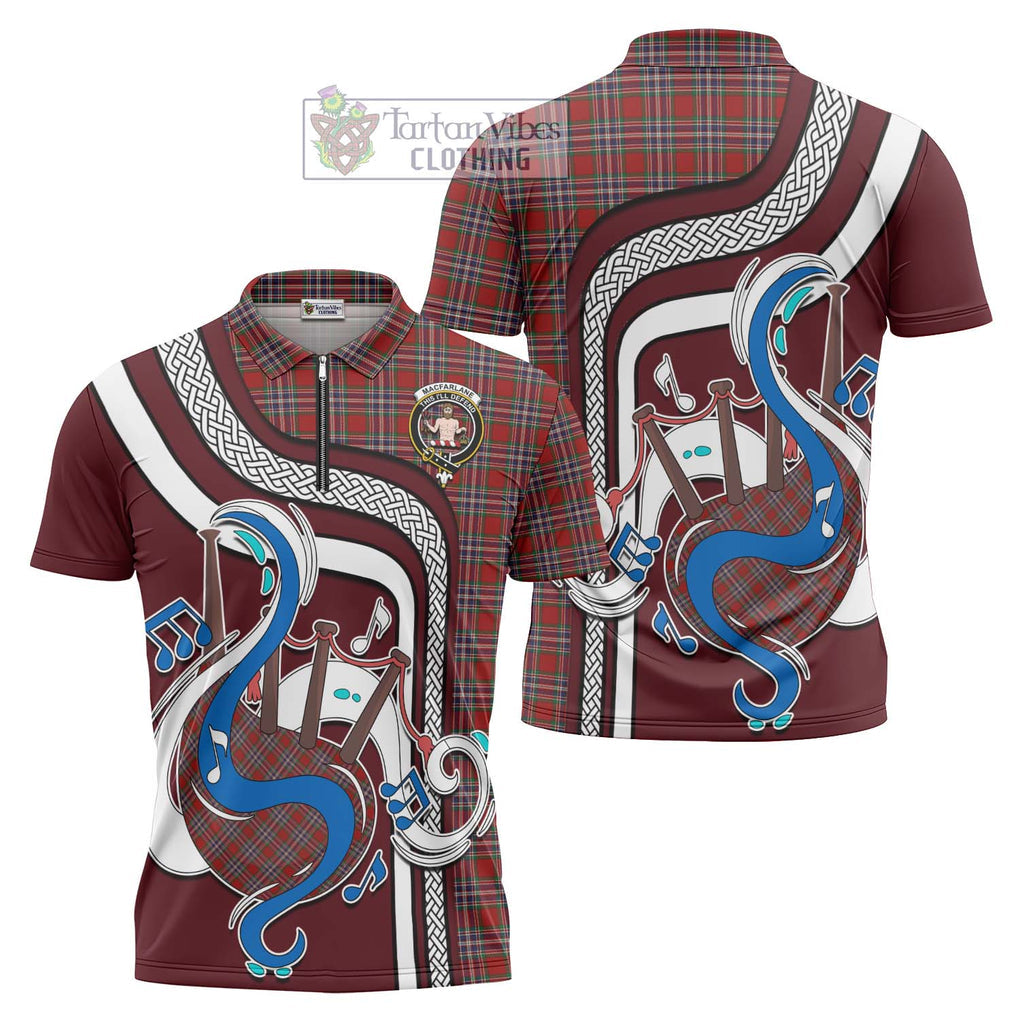 MacFarlane Red Tartan Zipper Polo Shirt with Epic Bagpipe Style Unisex - Tartanvibesclothing Shop