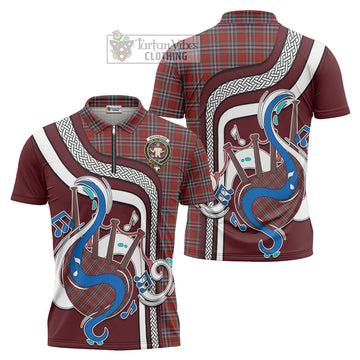 MacFarlane Red Tartan Zipper Polo Shirt with Epic Bagpipe Style