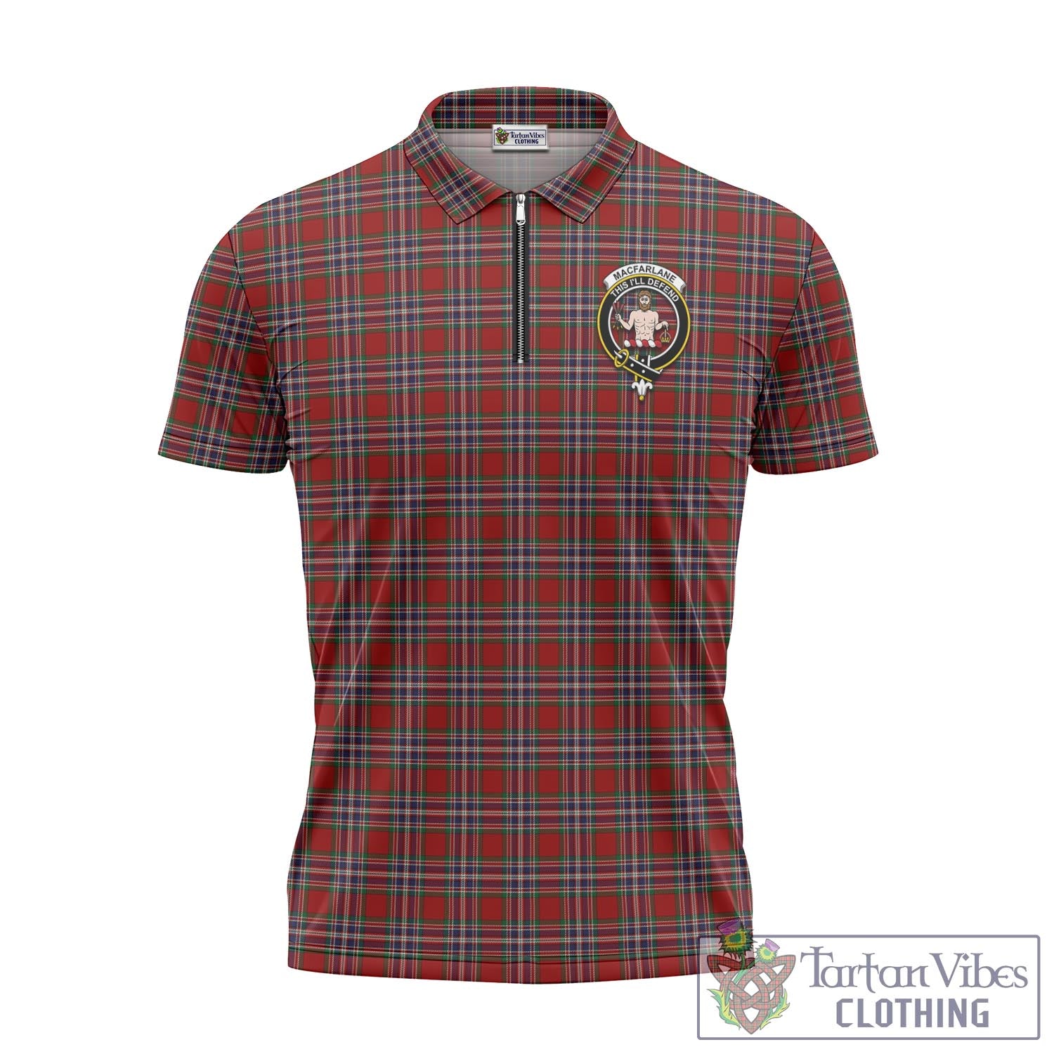 Tartan Vibes Clothing MacFarlane Red Tartan Zipper Polo Shirt with Family Crest