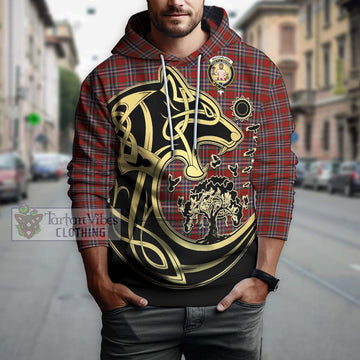 MacFarlane Red Tartan Hoodie with Family Crest Celtic Wolf Style