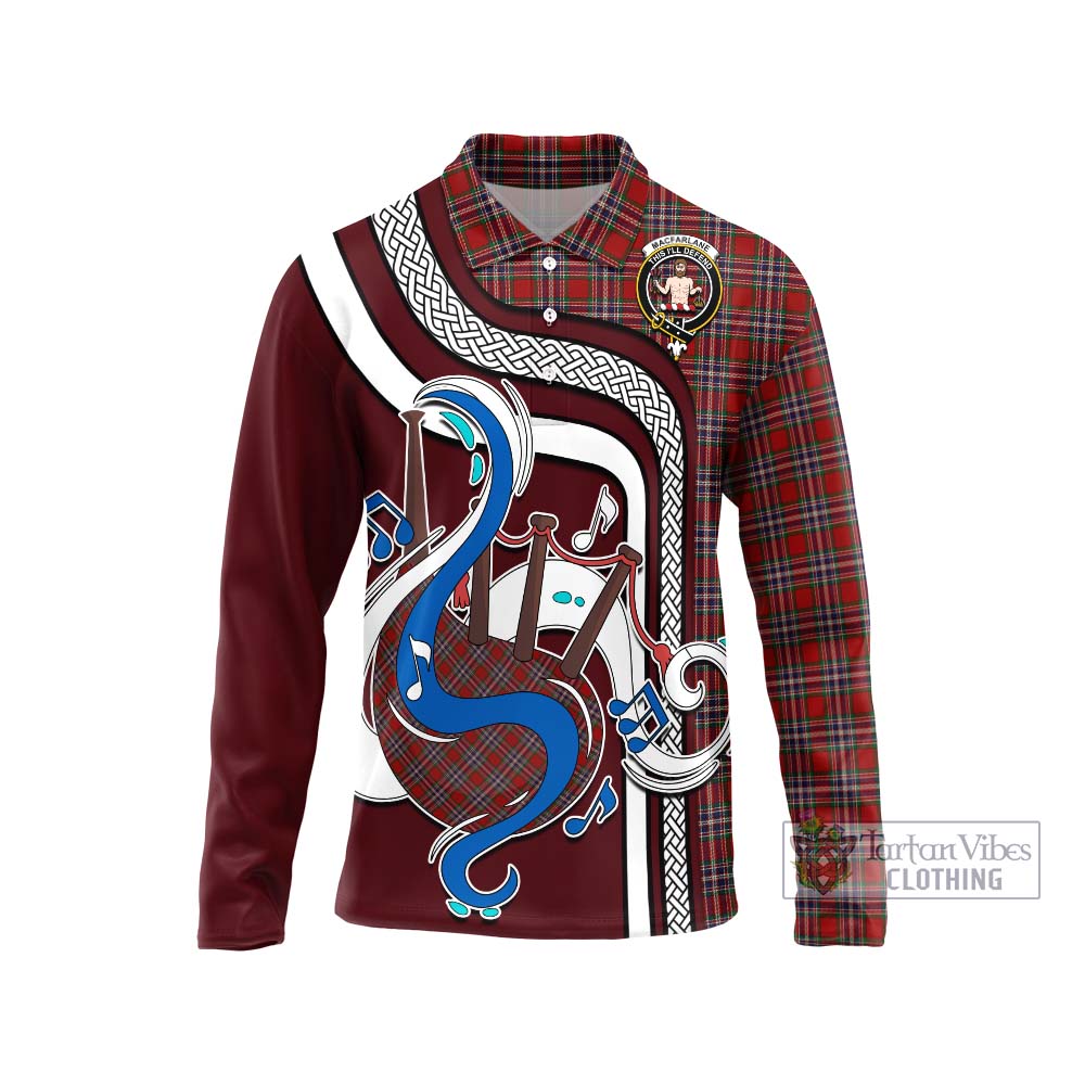 Tartan Vibes Clothing MacFarlane Red Tartan Long Sleeve Polo Shirt with Epic Bagpipe Style