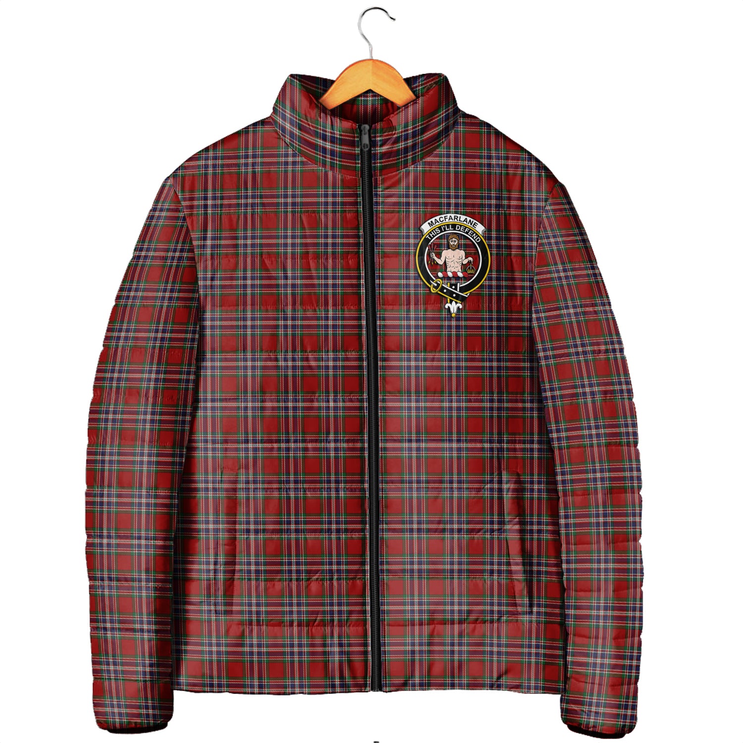 MacFarlane Red Tartan Padded Jacket with Family Crest Men's Padded Jacket - Tartan Vibes Clothing