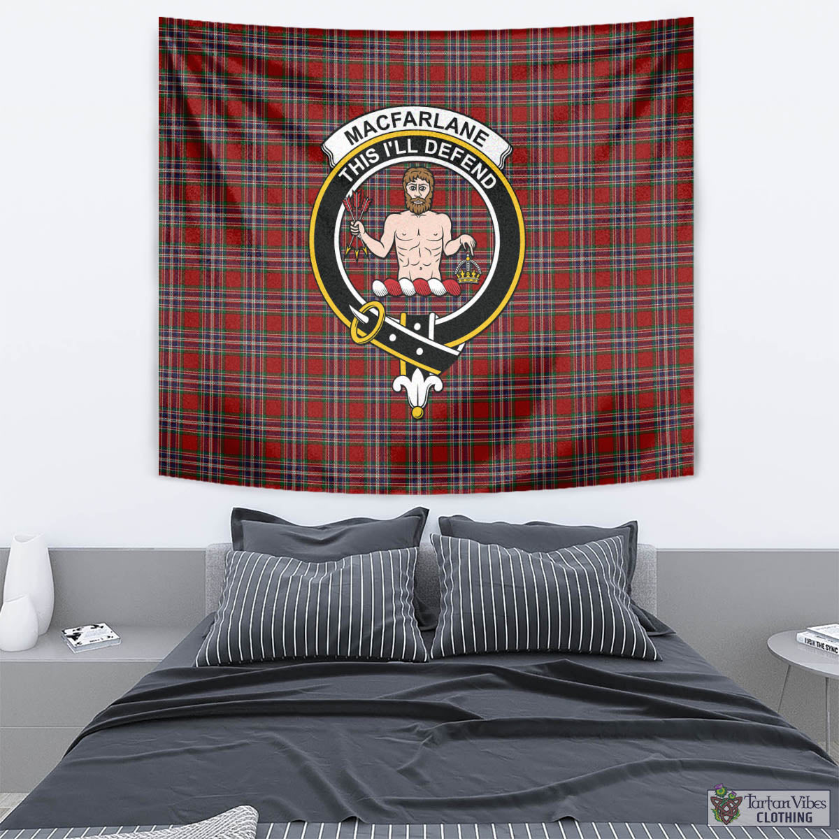 Tartan Vibes Clothing MacFarlane Red Tartan Tapestry Wall Hanging and Home Decor for Room with Family Crest