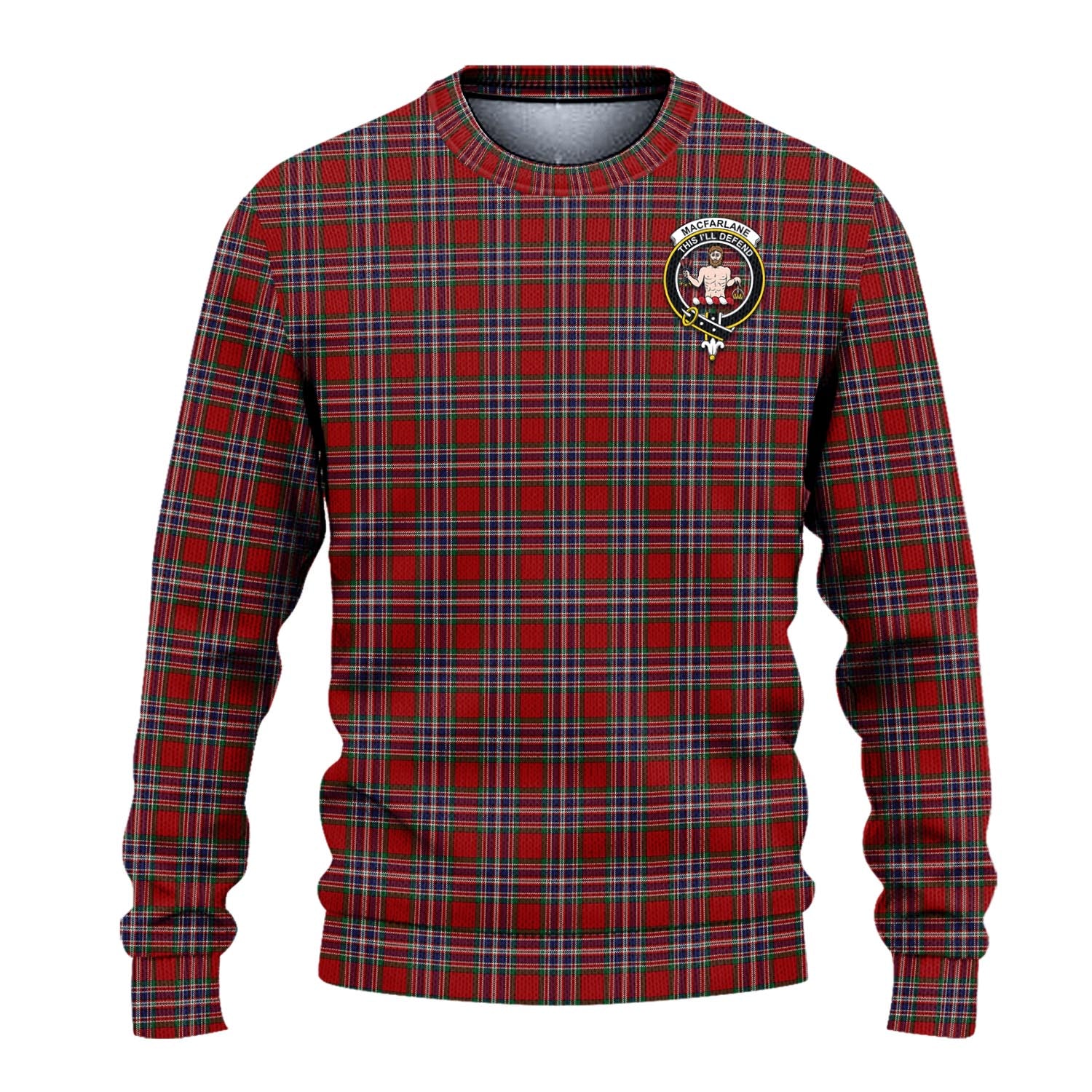 MacFarlane Red Tartan Knitted Sweater with Family Crest - Tartanvibesclothing