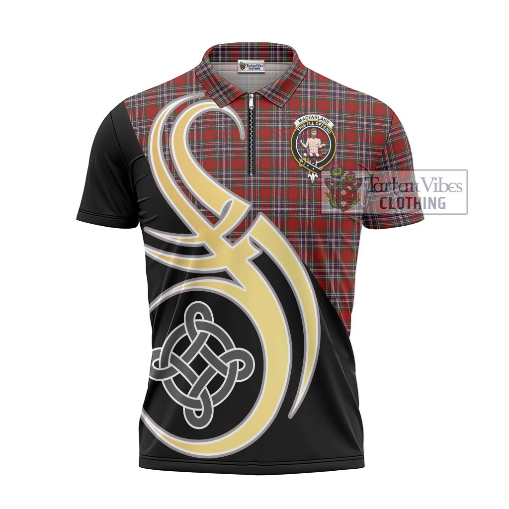 Tartan Vibes Clothing MacFarlane Red Tartan Zipper Polo Shirt with Family Crest and Celtic Symbol Style