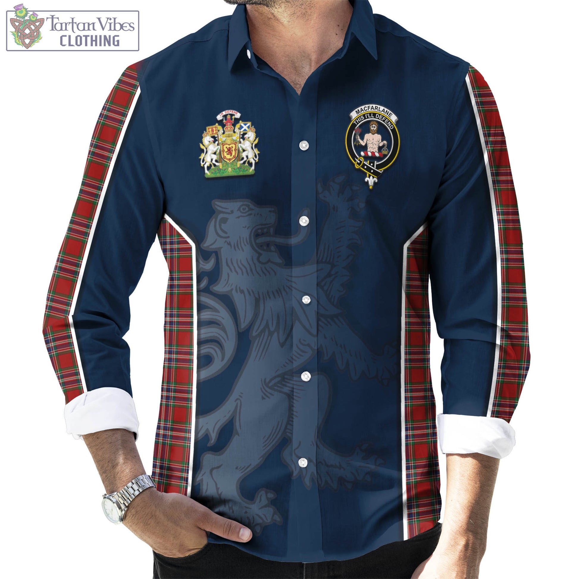 Tartan Vibes Clothing MacFarlane Red Tartan Long Sleeve Button Up Shirt with Family Crest and Lion Rampant Vibes Sport Style