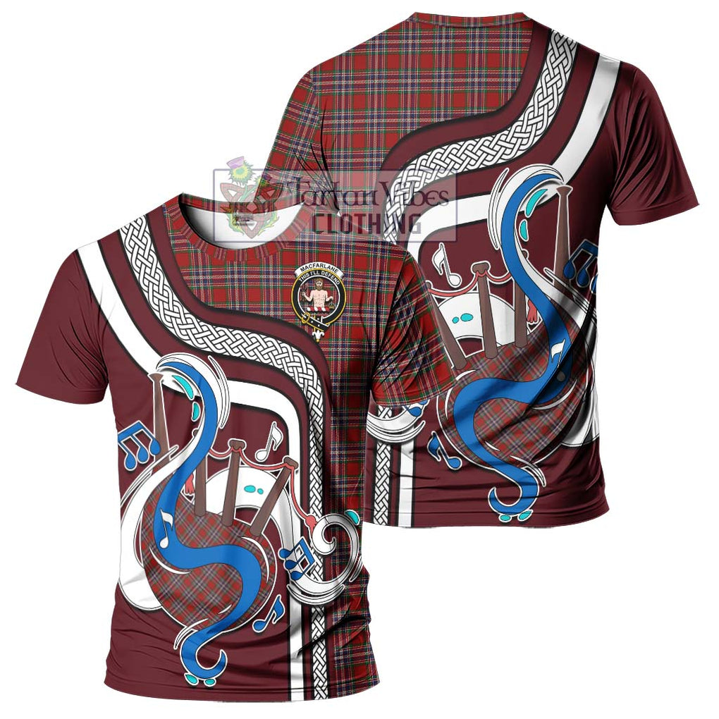 MacFarlane Red Tartan T-Shirt with Epic Bagpipe Style - Tartanvibesclothing Shop