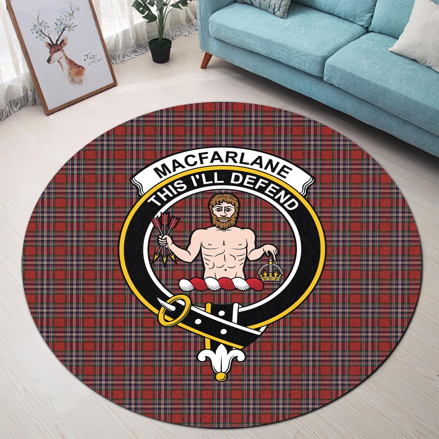 macfarlane-red-tartan-round-rug-with-family-crest