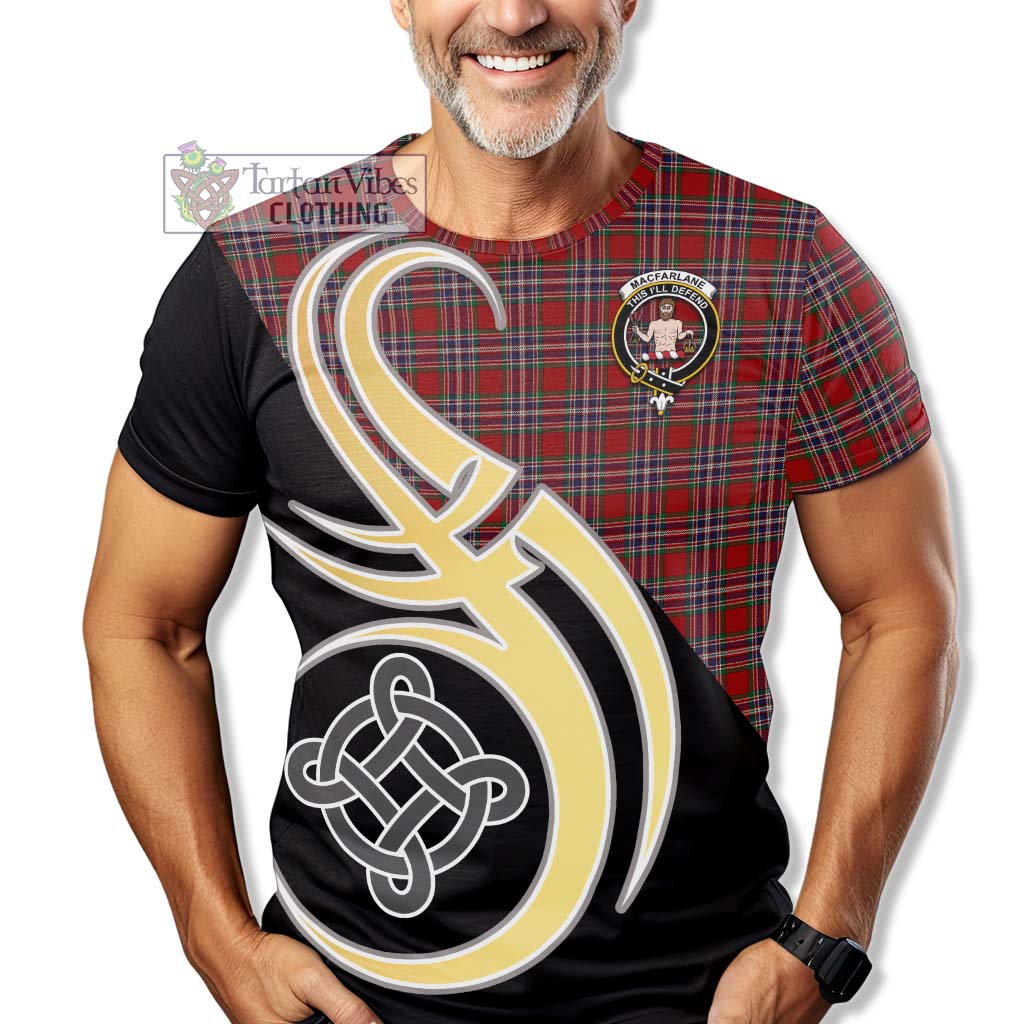 Tartan Vibes Clothing MacFarlane Red Tartan T-Shirt with Family Crest and Celtic Symbol Style