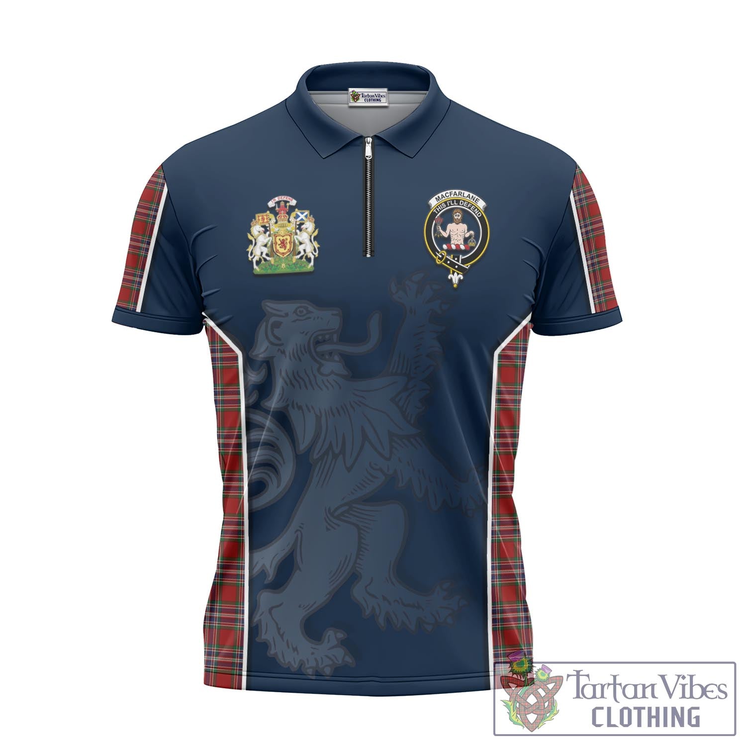 Tartan Vibes Clothing MacFarlane Red Tartan Zipper Polo Shirt with Family Crest and Lion Rampant Vibes Sport Style