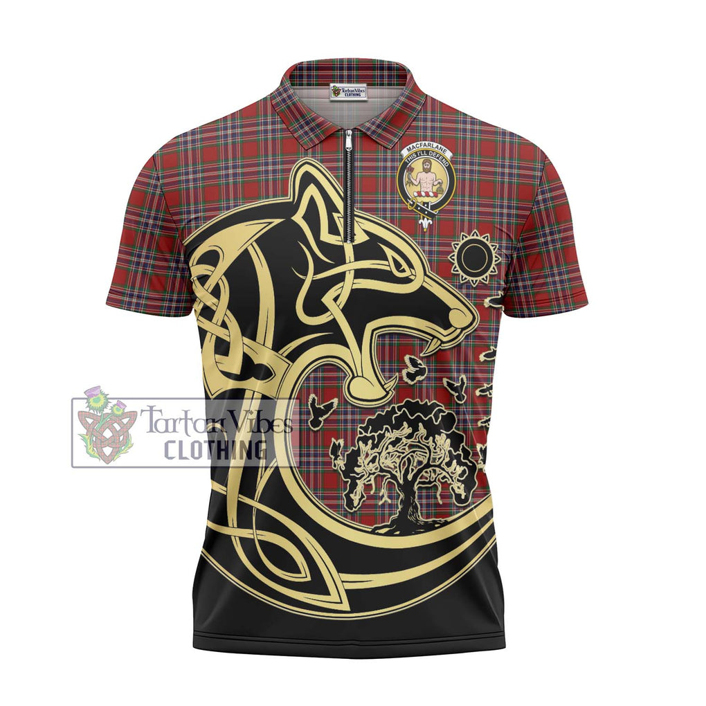 MacFarlane Red Tartan Zipper Polo Shirt with Family Crest Celtic Wolf Style - Tartanvibesclothing Shop