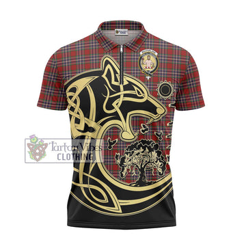 MacFarlane Red Tartan Zipper Polo Shirt with Family Crest Celtic Wolf Style