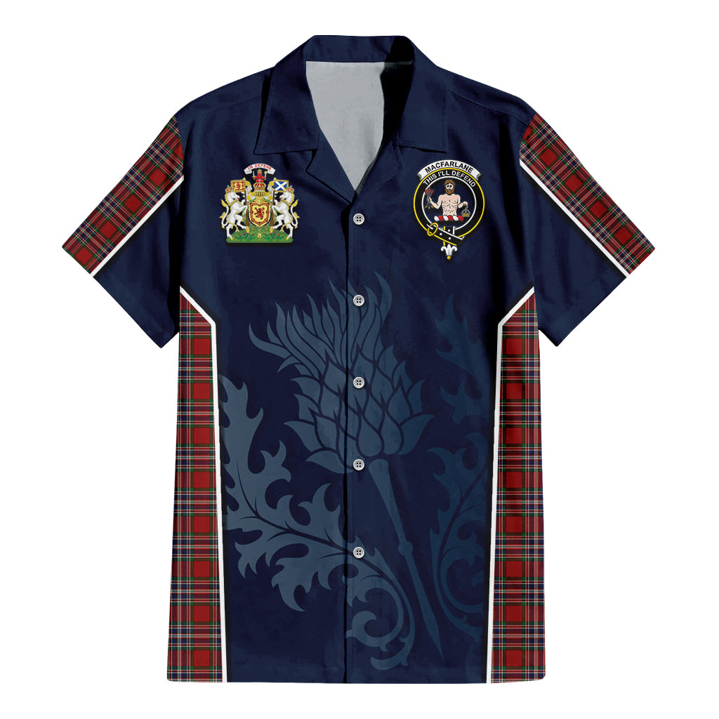 Tartan Vibes Clothing MacFarlane Red Tartan Short Sleeve Button Up Shirt with Family Crest and Scottish Thistle Vibes Sport Style