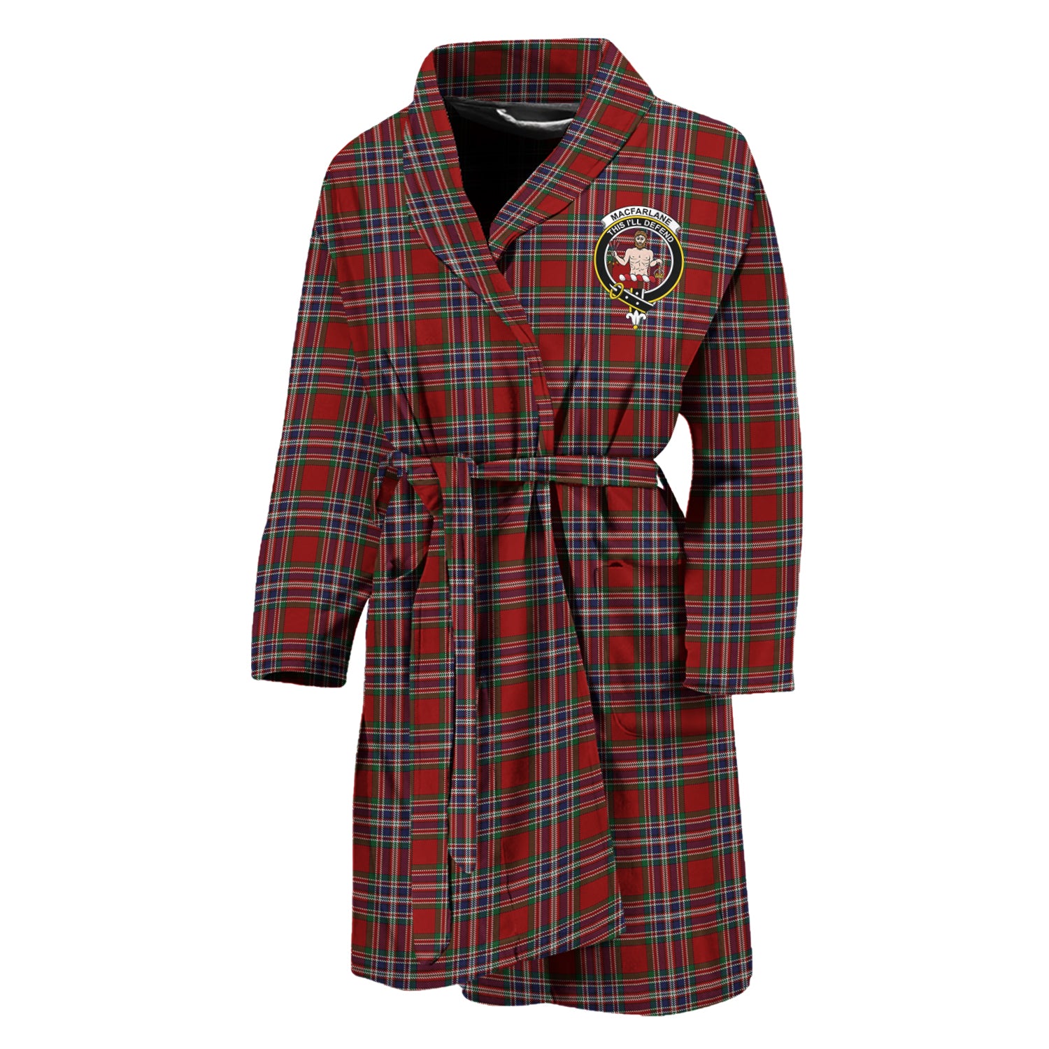 MacFarlane Red Tartan Bathrobe with Family Crest Unisex M - Tartan Vibes Clothing