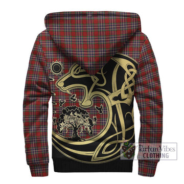 MacFarlane Red Tartan Sherpa Hoodie with Family Crest Celtic Wolf Style