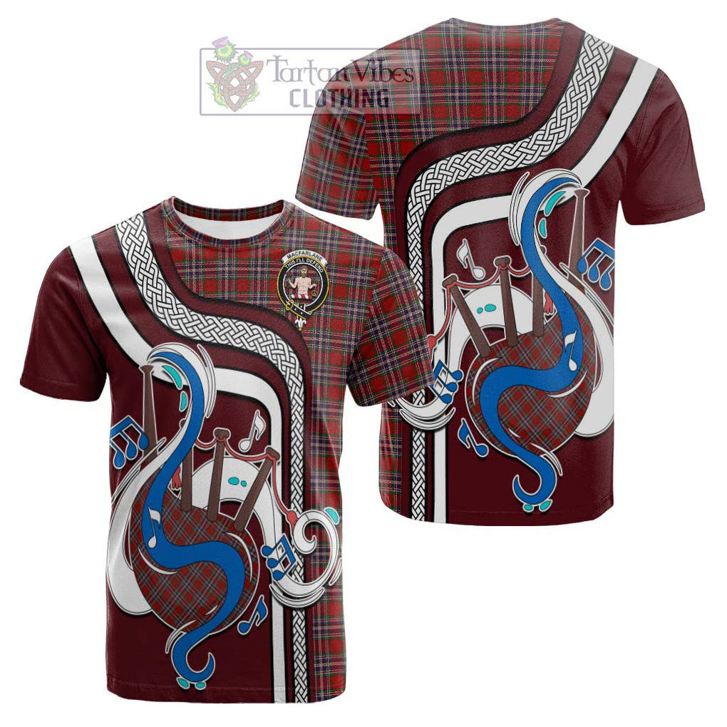 Tartan Vibes Clothing MacFarlane Red Tartan Cotton T-shirt with Epic Bagpipe Style