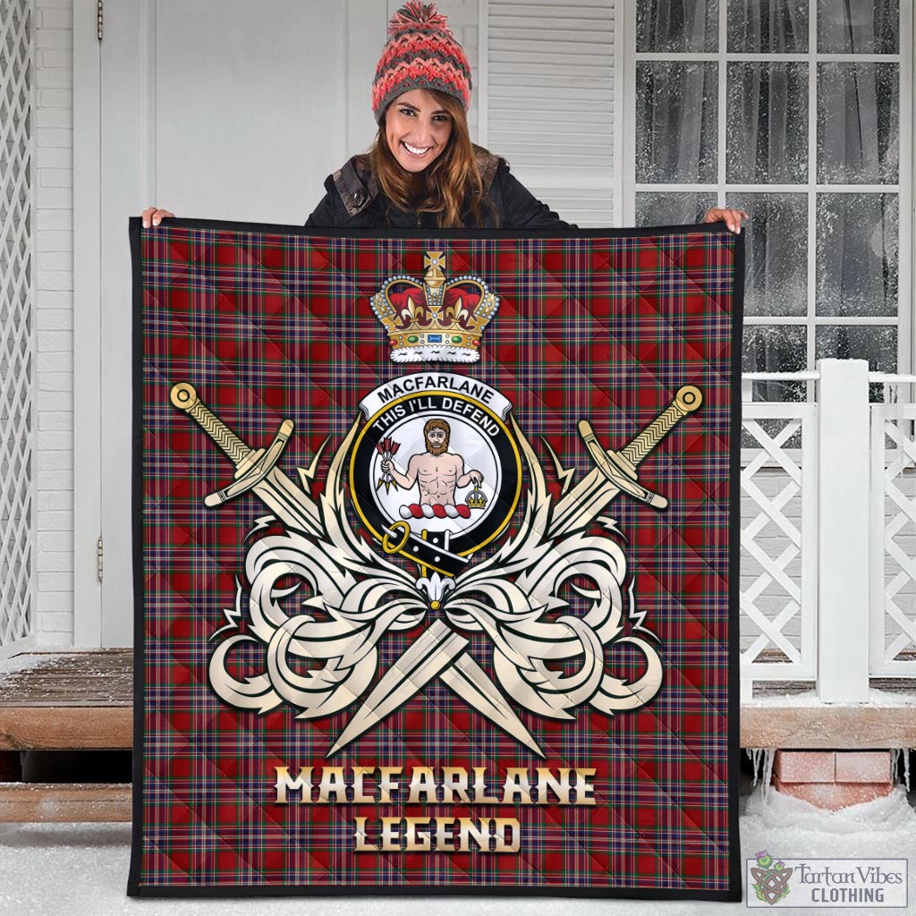 Tartan Vibes Clothing MacFarlane Red Tartan Quilt with Clan Crest and the Golden Sword of Courageous Legacy