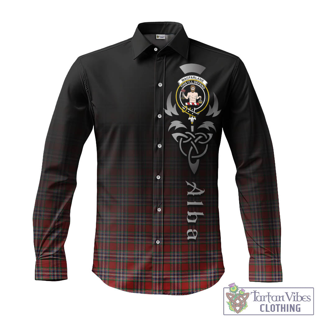 Tartan Vibes Clothing MacFarlane Red Tartan Long Sleeve Button Up Featuring Alba Gu Brath Family Crest Celtic Inspired